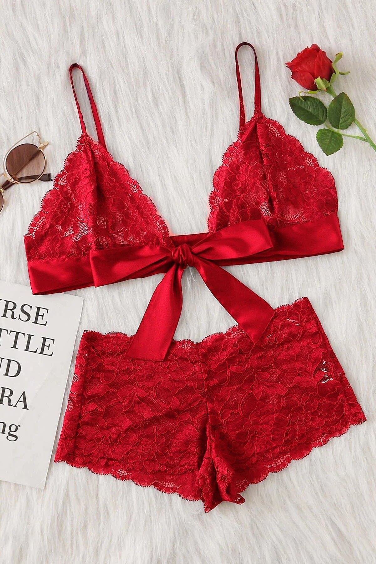 Kırmızı Dantelli Kurdelalı Sütyen Külot Takımı - Romantik Lingerie