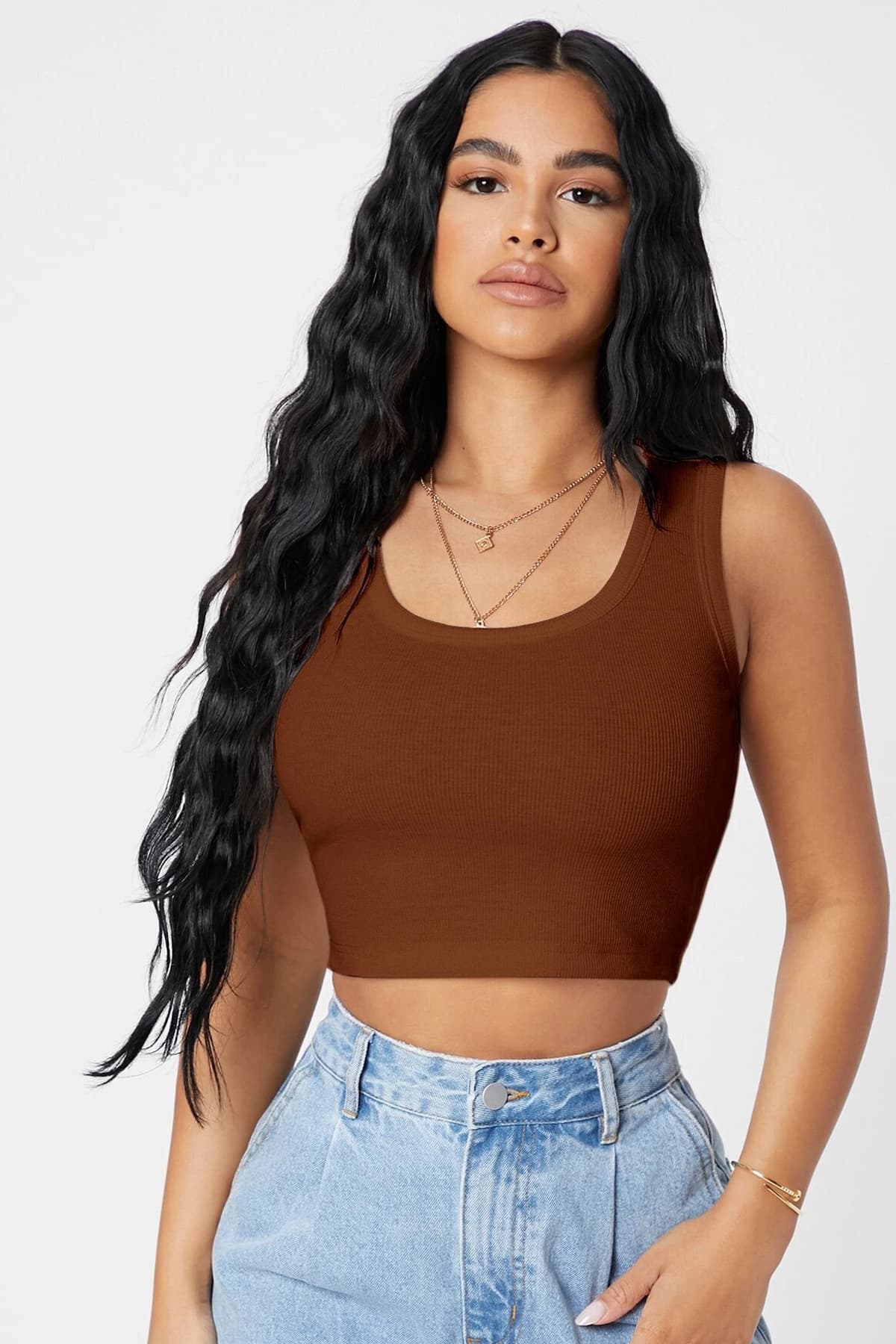 Kadın Crop Top Bluz Kahverengi Kare Yaka