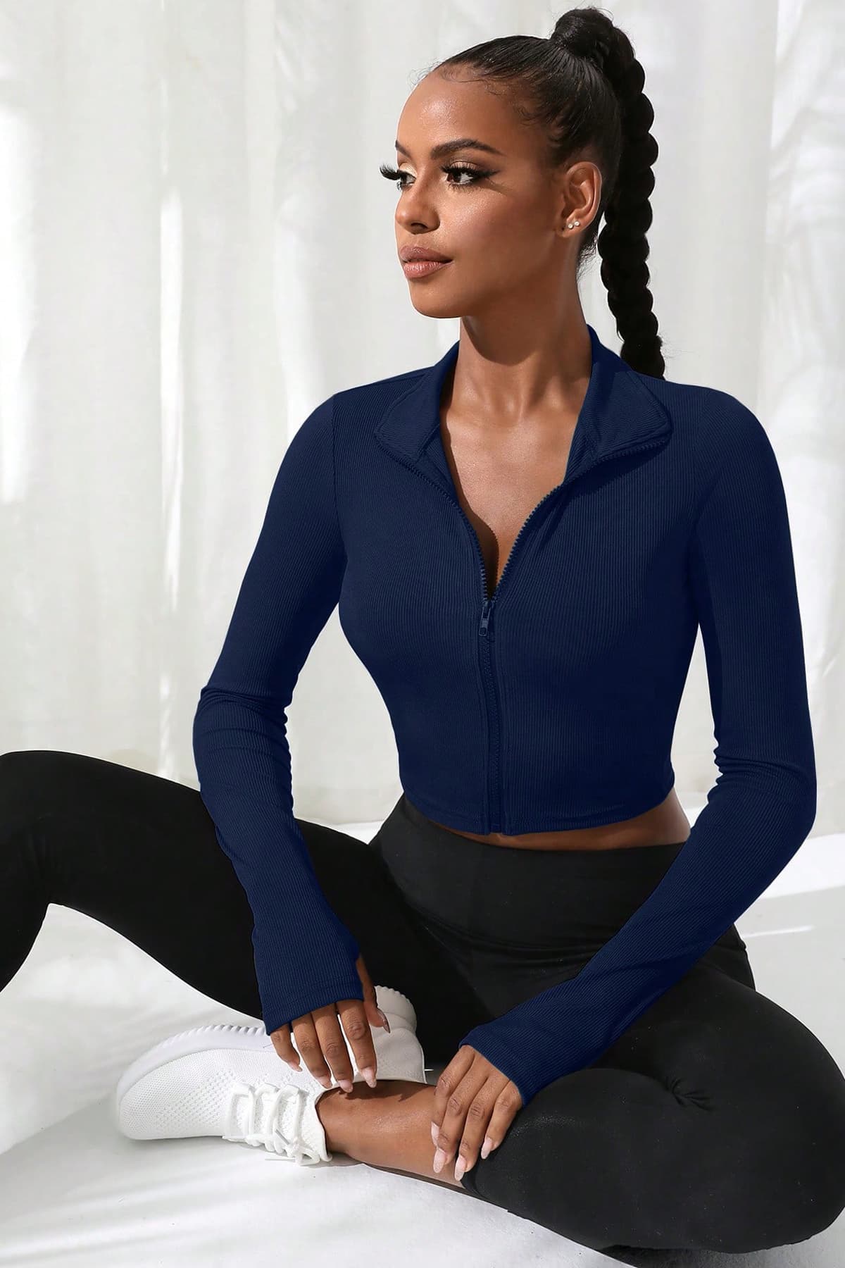 Kadın Crop Top Bluz - Lacivert Dik Yaka