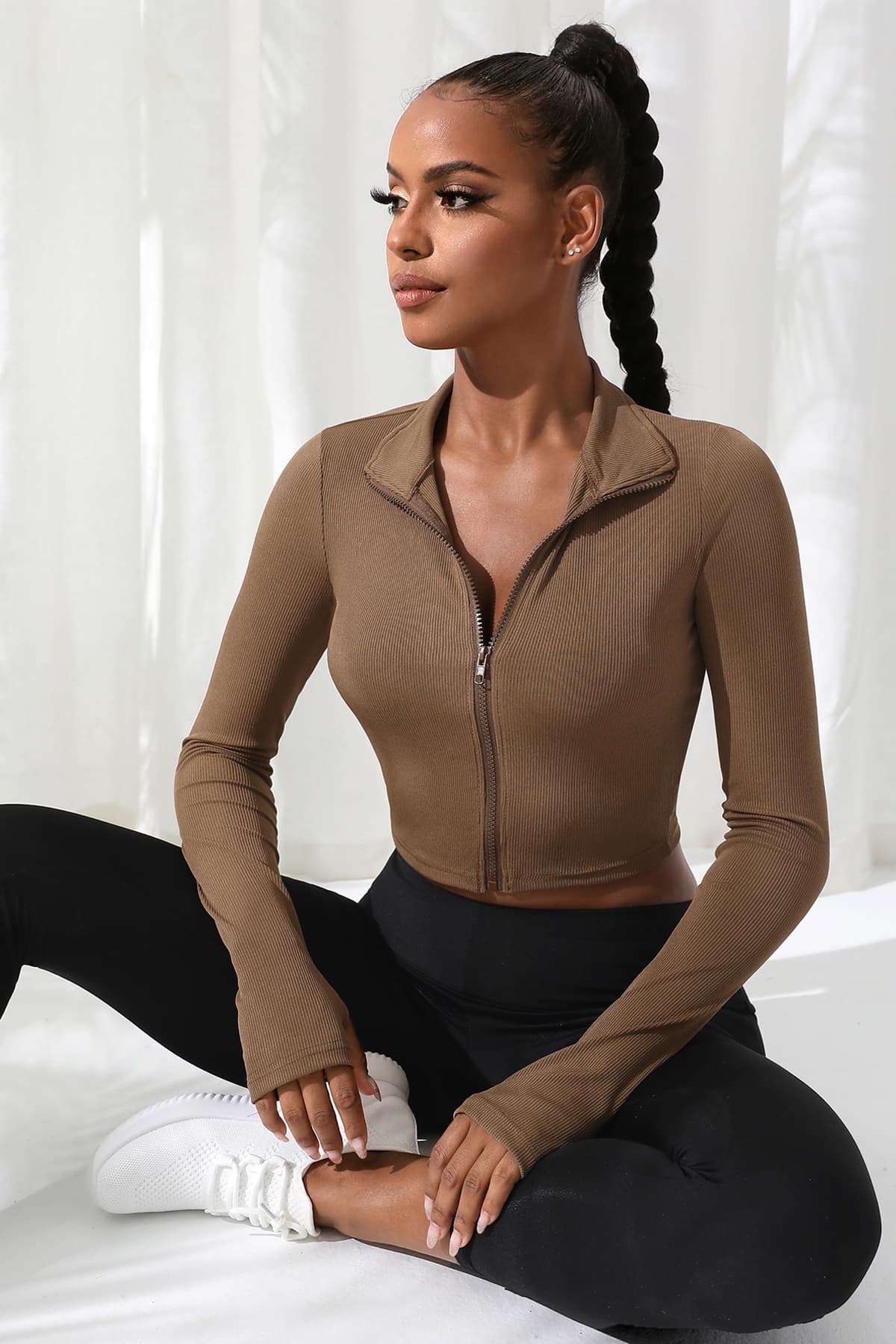 Bluz Crop Top Kahverengi Uzun Kollu Fermuar