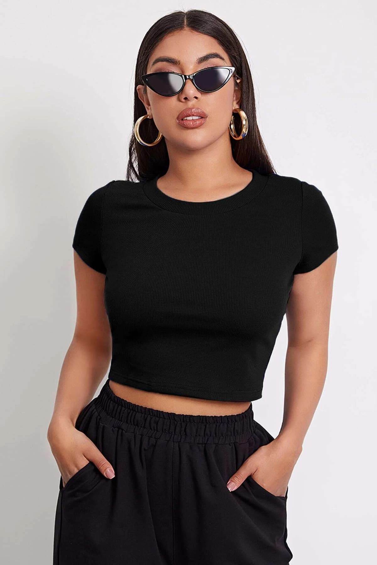 Bluz Crop Top Siyah Yuvarlak Yaka - Kadın Bluz