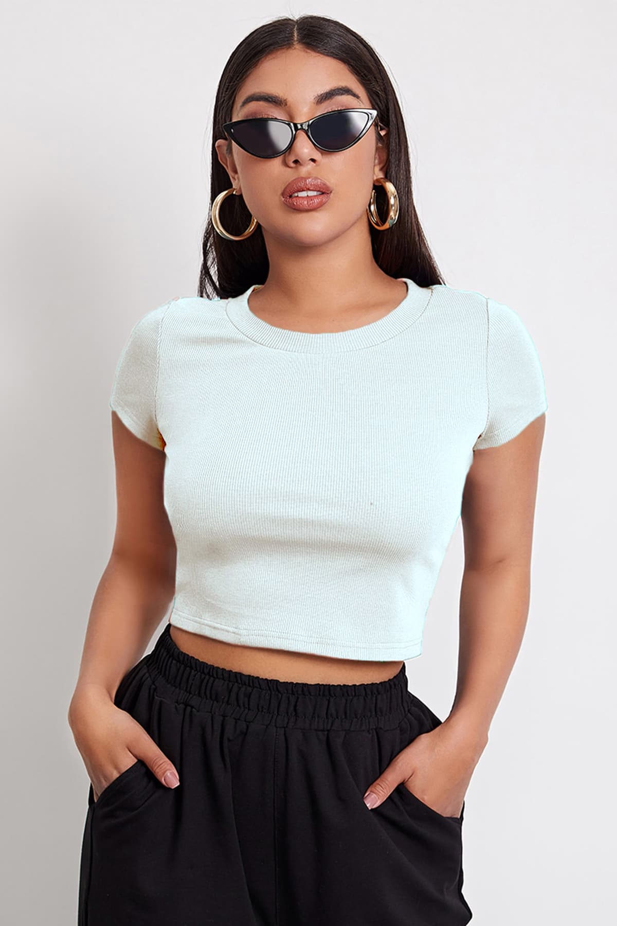 Kadın Crop Top Bluz - Beyaz Pamuklu Yarım Kol