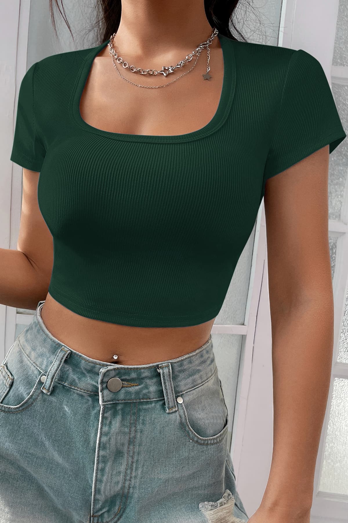 Kadın Crop Top Bluz Yeşil Düz Yaka