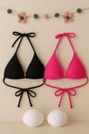 Üçgen Bikini Üstü | Mikro Likralı | Bağcıklı | Siyah & Fuşya
