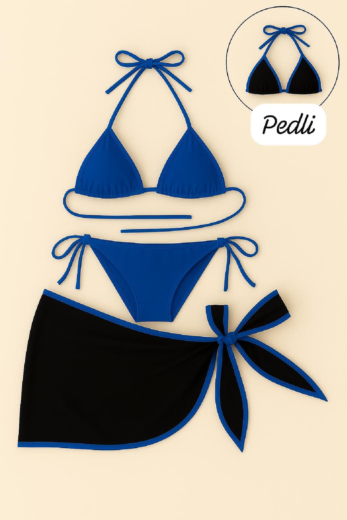 Bikini Takımı Mavi Mikro Desenli Bağlamalı - Pedli