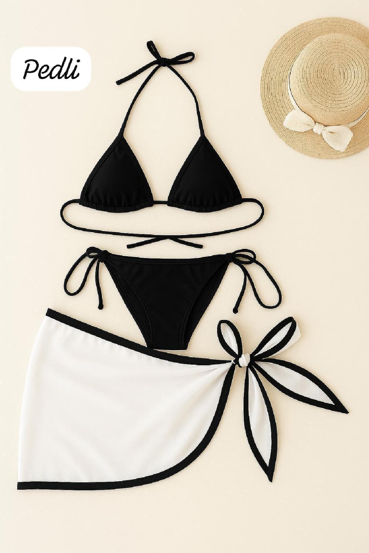 Bikini Takımı Siyah Beyaz Pareo Bağlamalı - Pedli