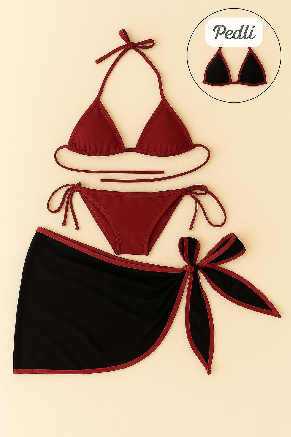 Bikini Takımı Mikro Likralı Bağlamalı Bordo Siyah