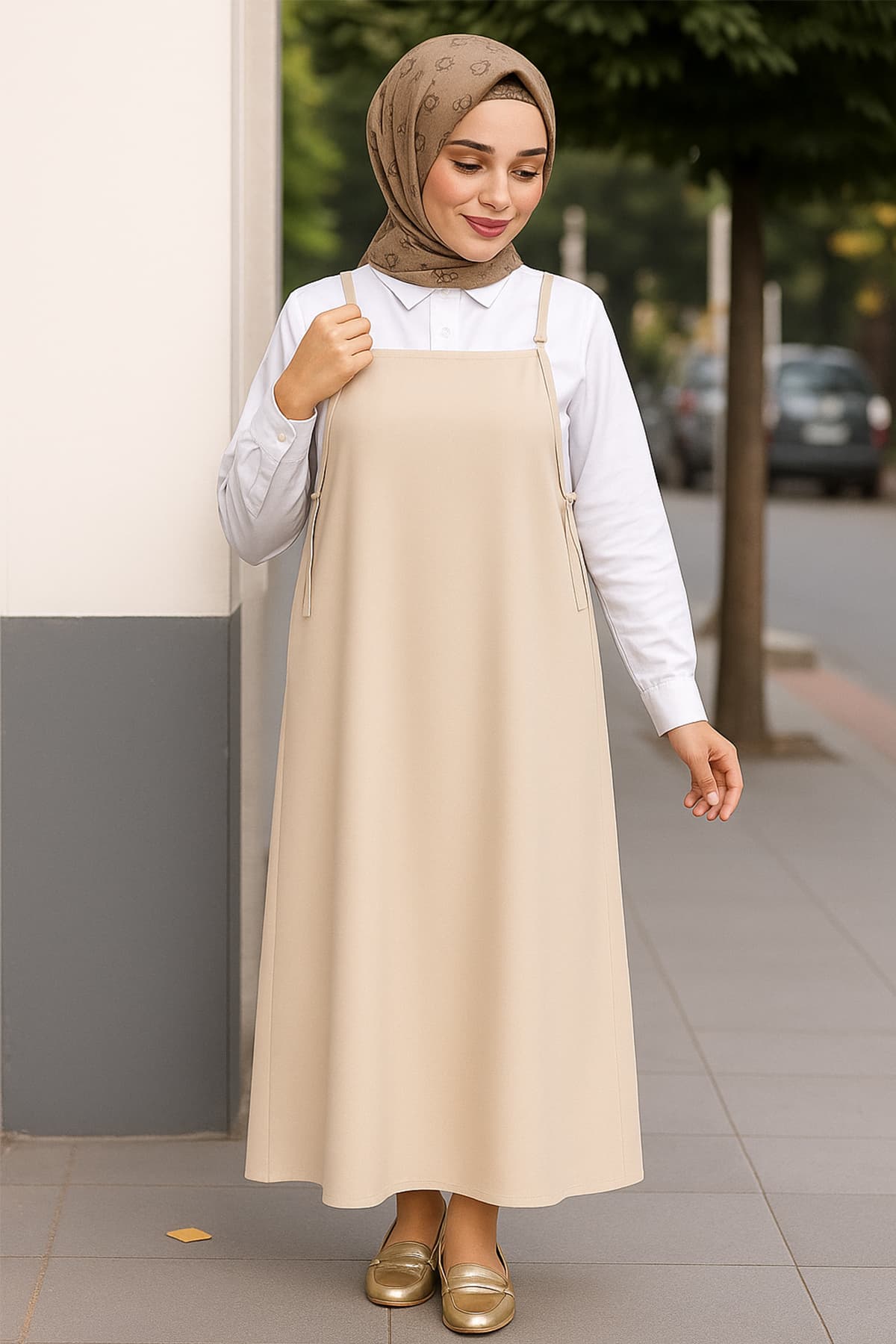 Elbise Taş Rengi Askılı Jile - Basic Kesim