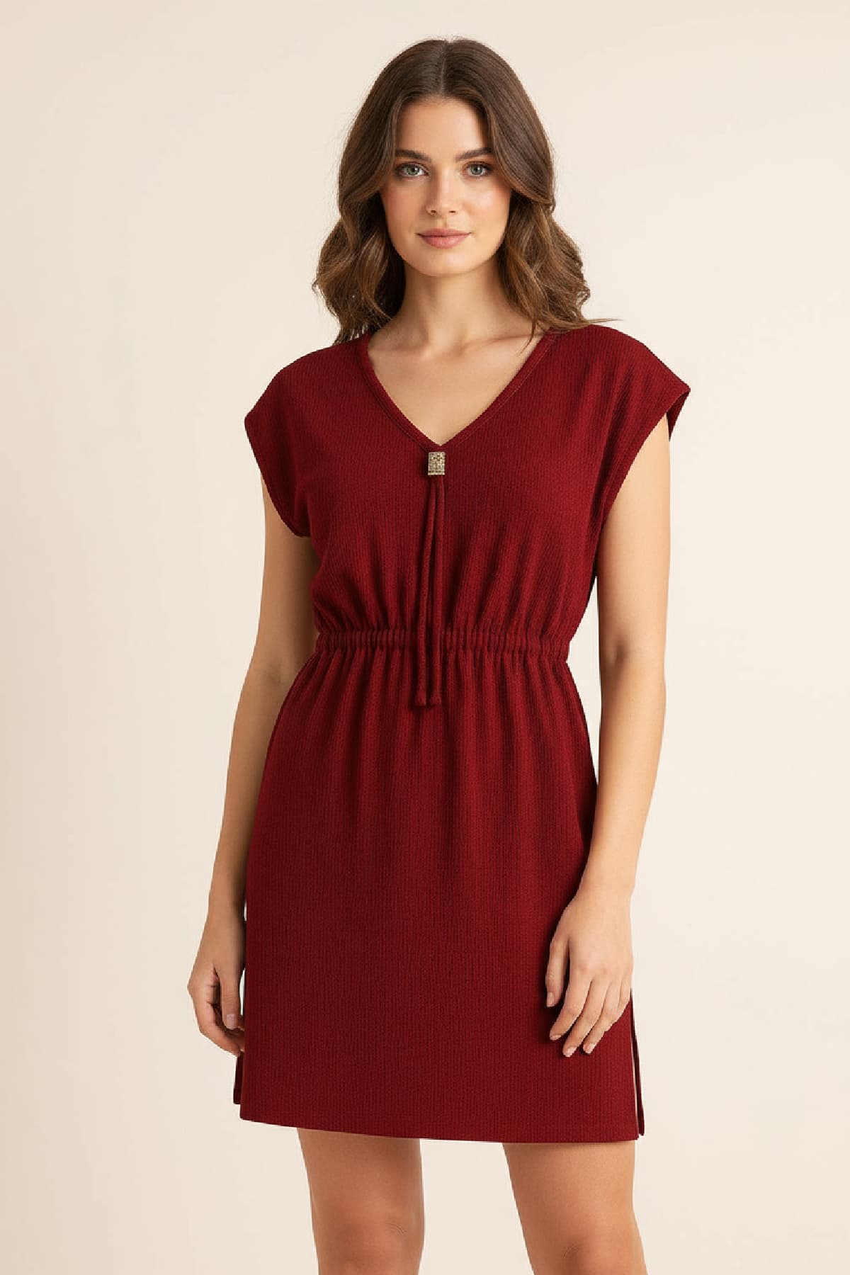 Plaj Elbisesi Bordo Mini V Yaka