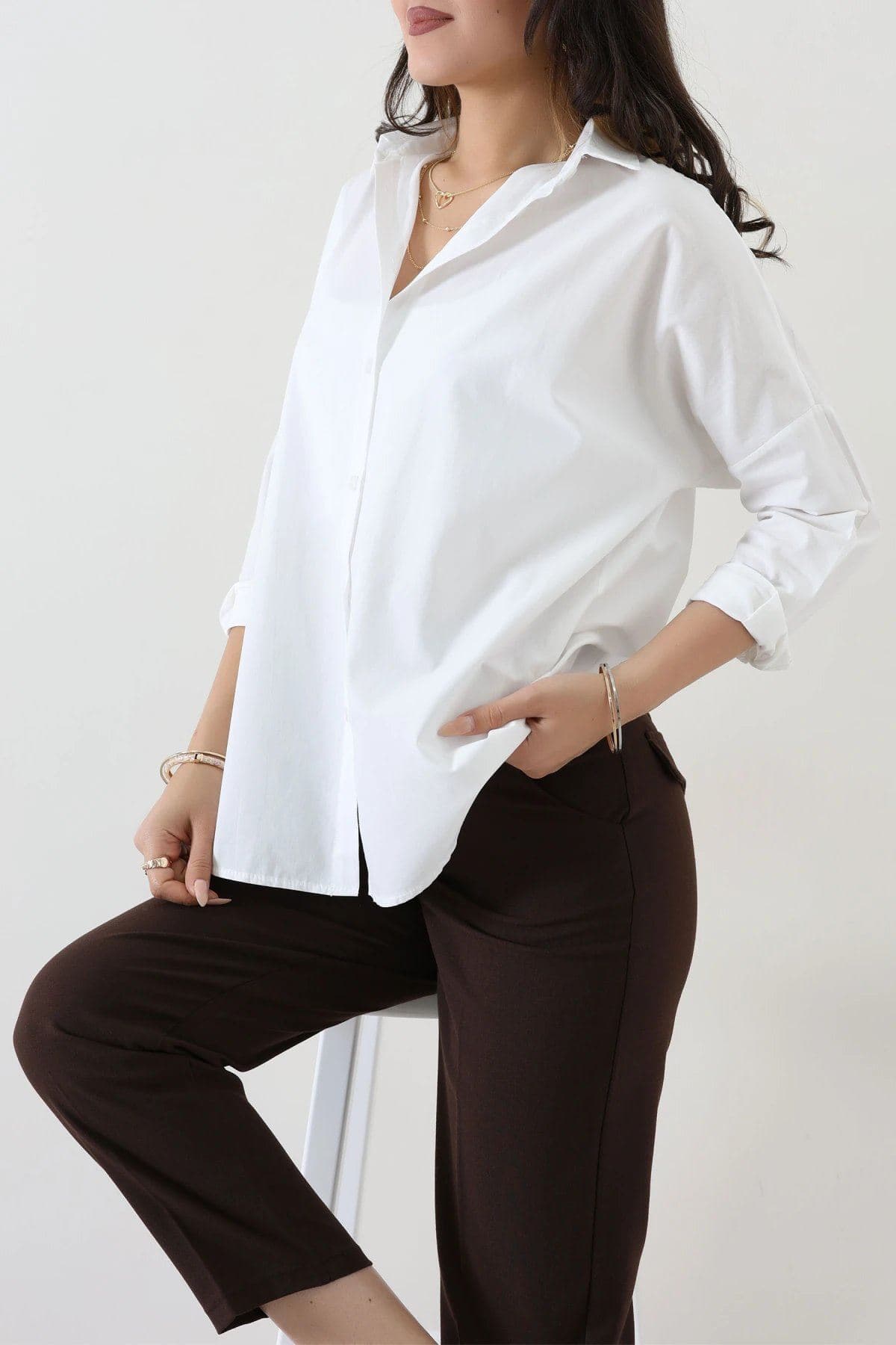 Oversize Poplin Gömlek Kırıkbeyaz - 44091.2118.