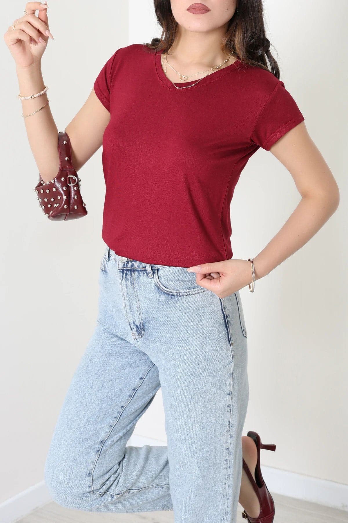 V Yaka Kısa Kollu Viskon Bluz Bordo - 71489.599.