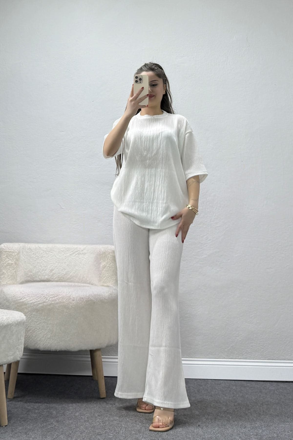 Bisiklet Yaka Oversize Bürümcük Takım Beyaz - 55127.599.