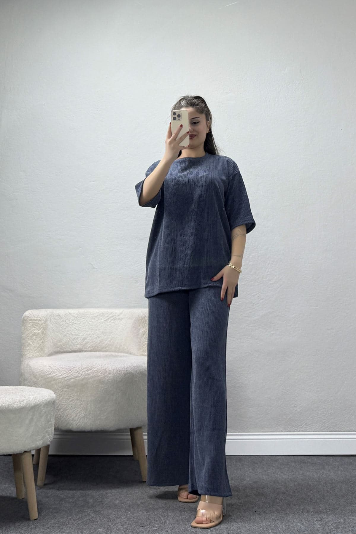 Bisiklet Yaka Oversize Bürümcük Takım İndigo - 55127.599.
