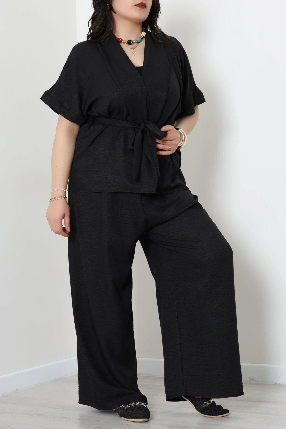 Büyük Beden Keten Kumaş Kimono Takım Siyah - 71728.2034.