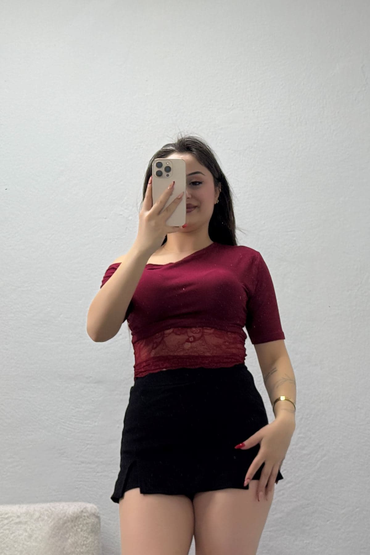 Viskon Asimetrik Yaka Dantelli Bluz Bordo - 43974.1857.