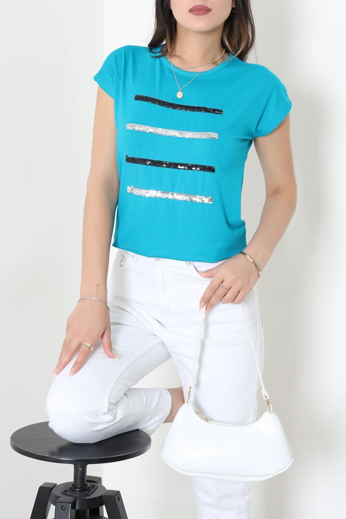 Şerit Detaylı Bluz Turkuaz - 44002.599.
