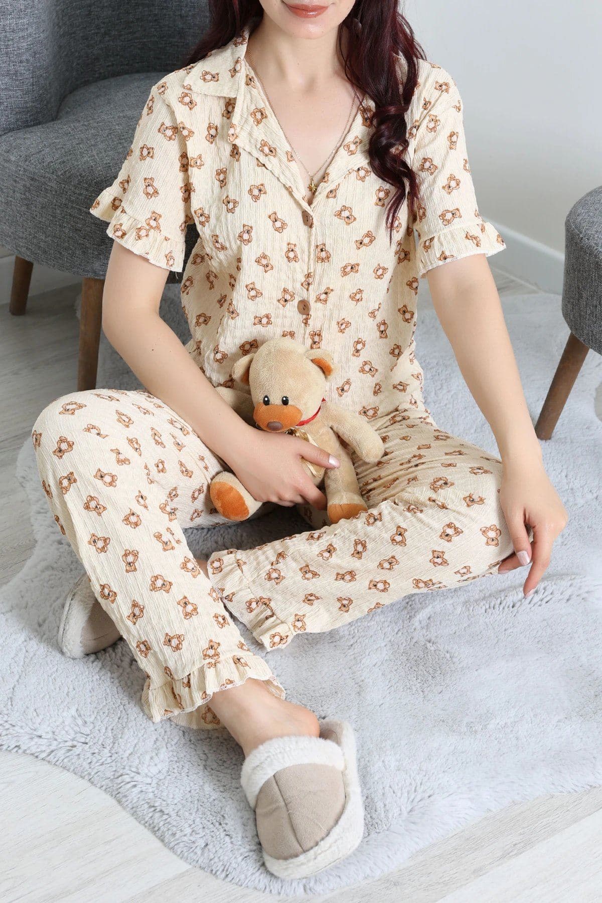 Bürümcük Fırfırlı Pijama Takımı Bejkahve - 127.1287.