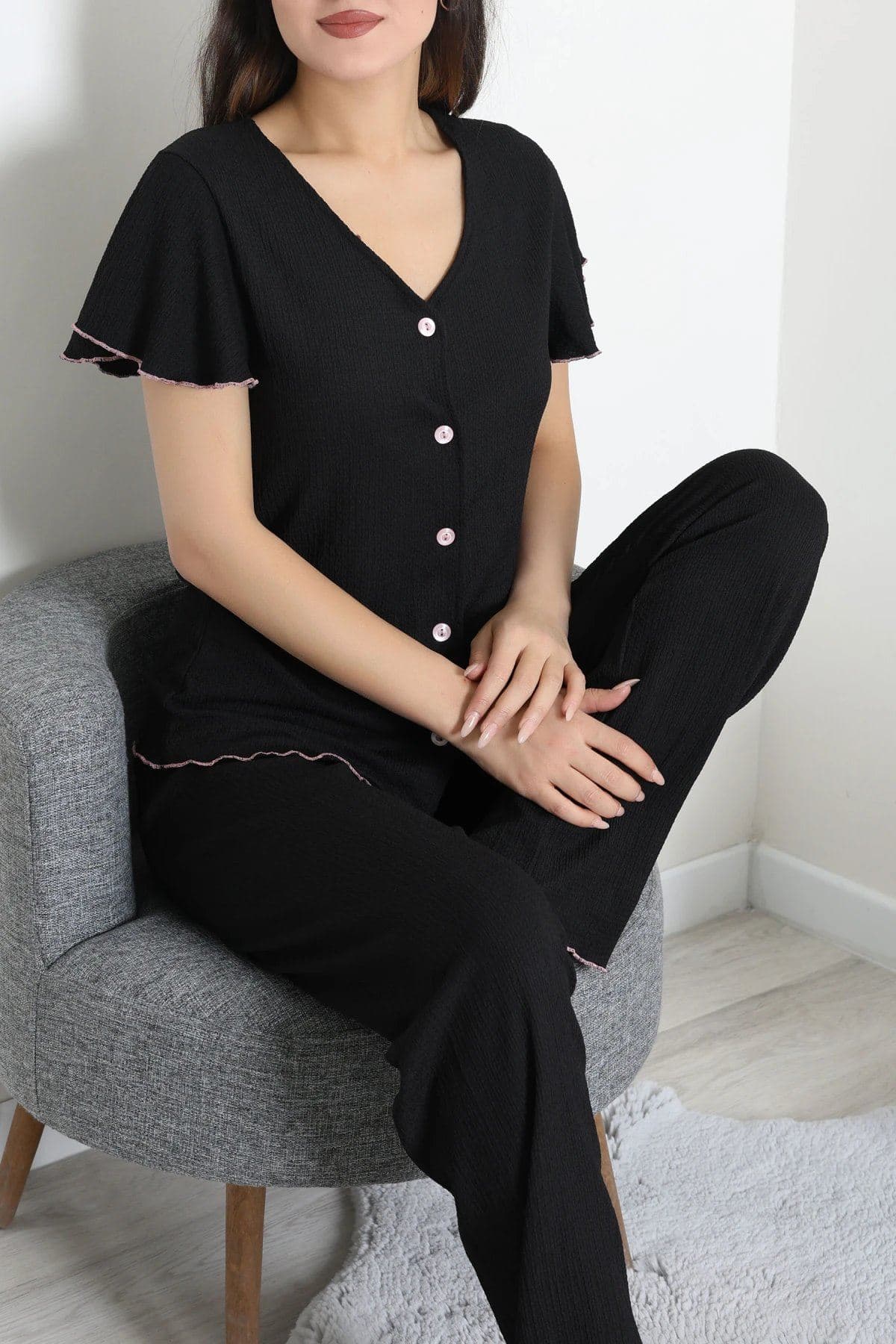 V Yaka Bürümcük Pijama Takımı Siyah - 52340.2159.