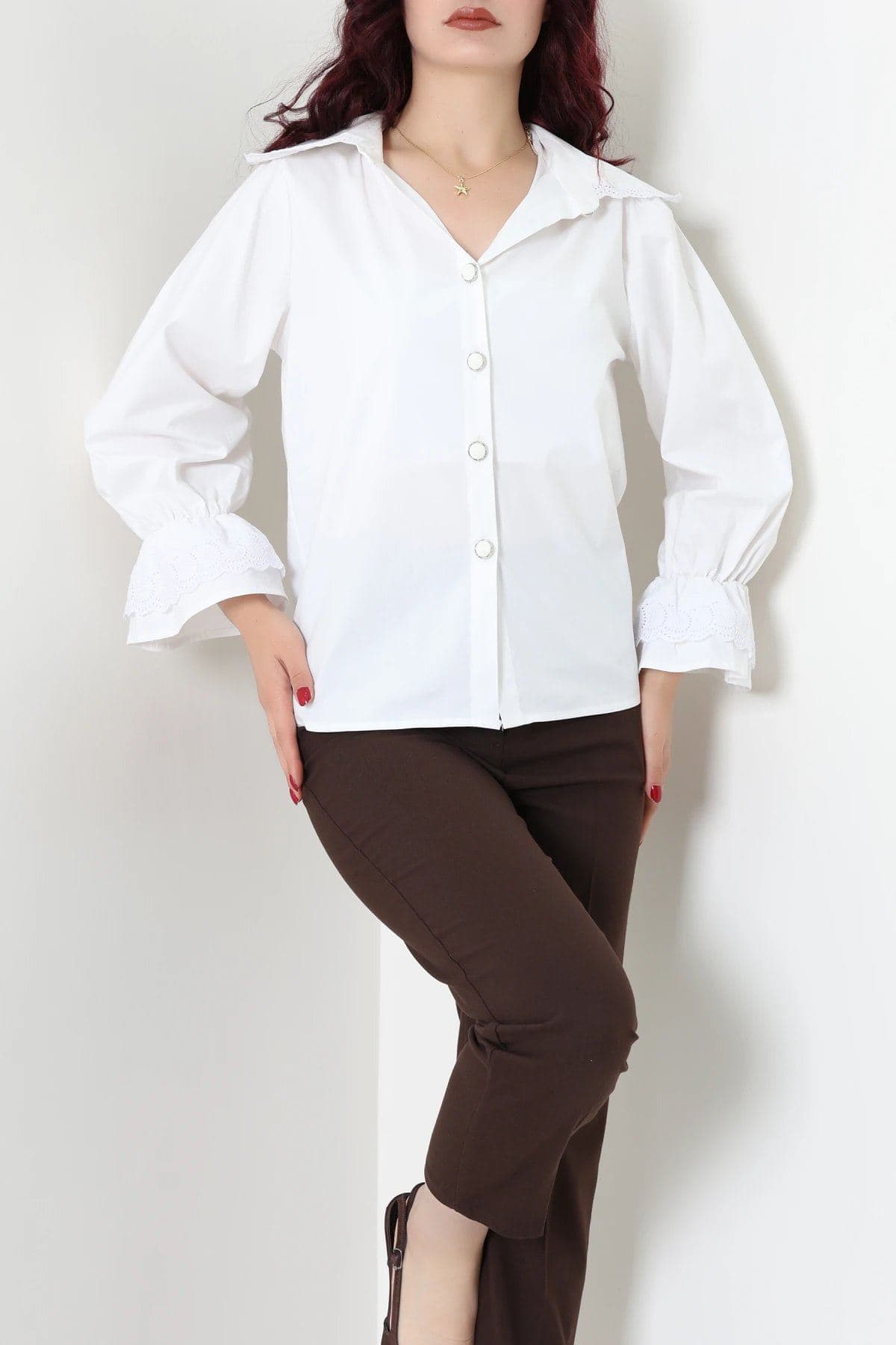 Volanlı Bebe Yaka Poplin Gömlek Beyaz - 55175.2118.