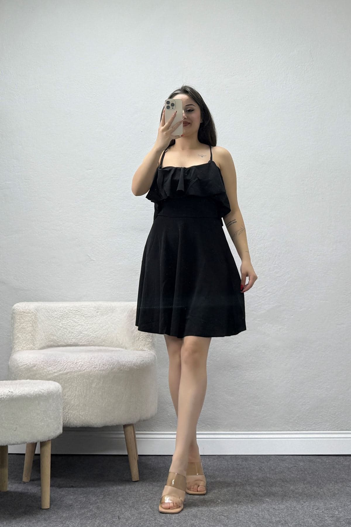 İp Askılı Crep Elbise Siyah - 581815.1592.