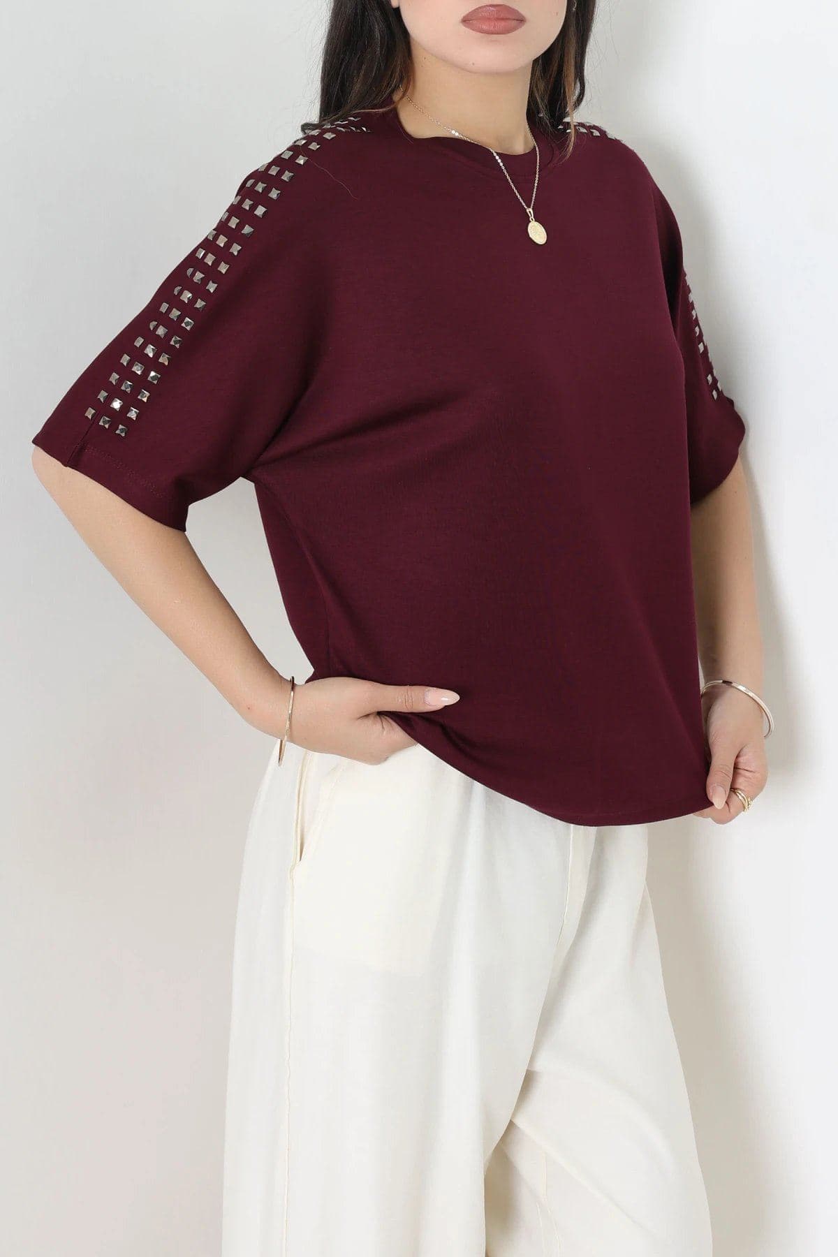 Modal Kumaş Omuz Taş Detaylı Bluz Mürdüm - 71763.2180.