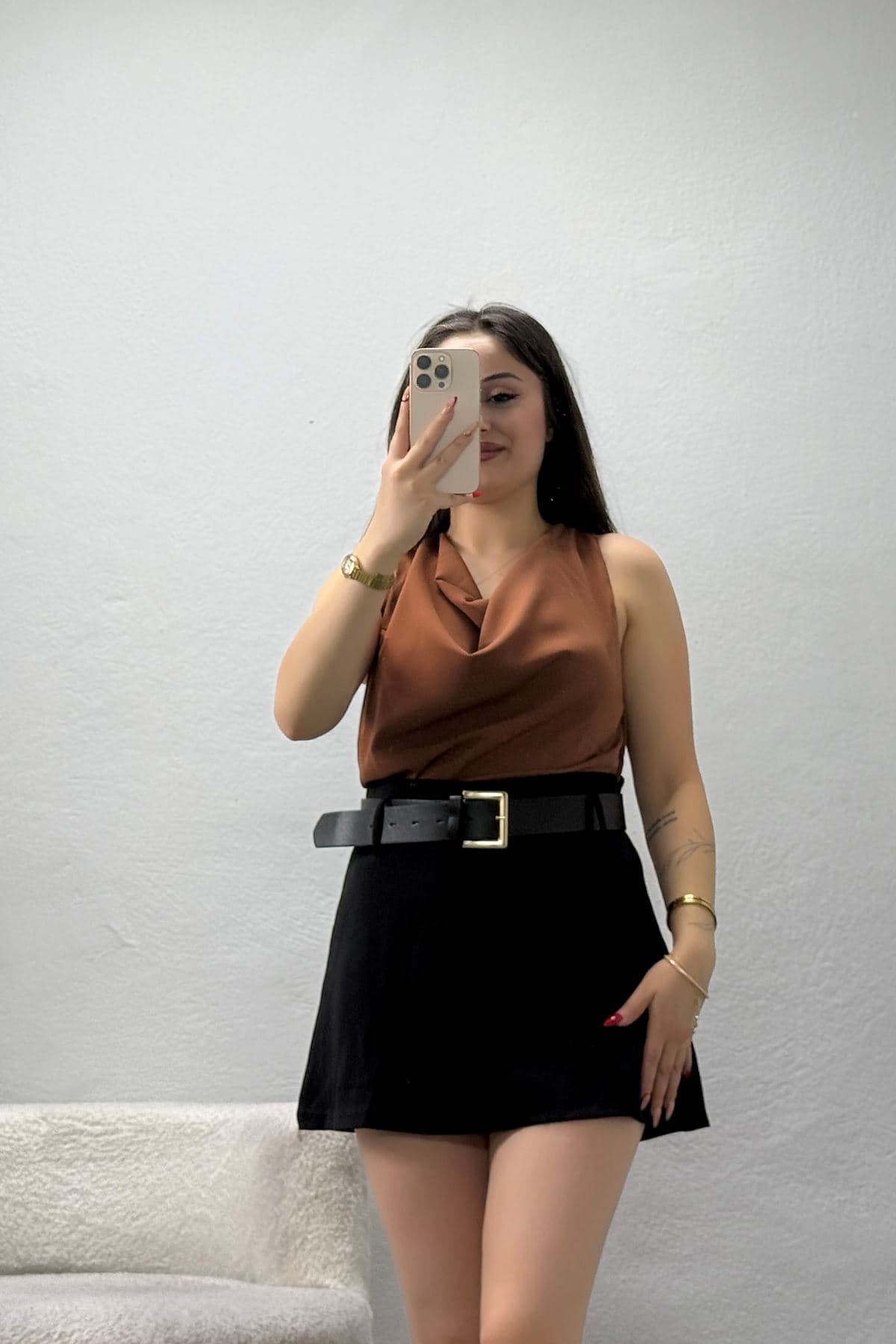 Cessika Kumaş Sıfır Kol Bluz Taba - 75104.2201.