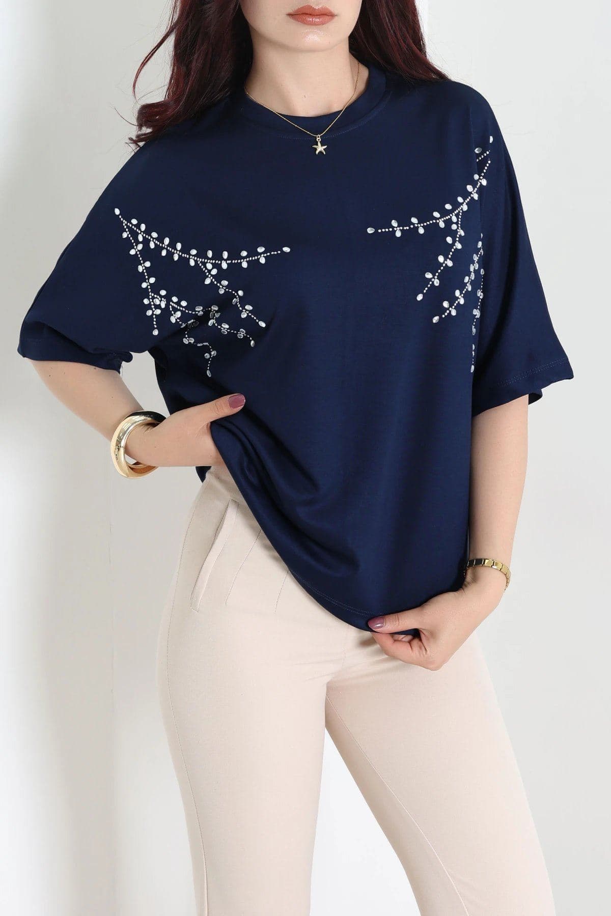 Taş Detaylı Tasarım Modal Bluz Lacivert - 10401.2180.