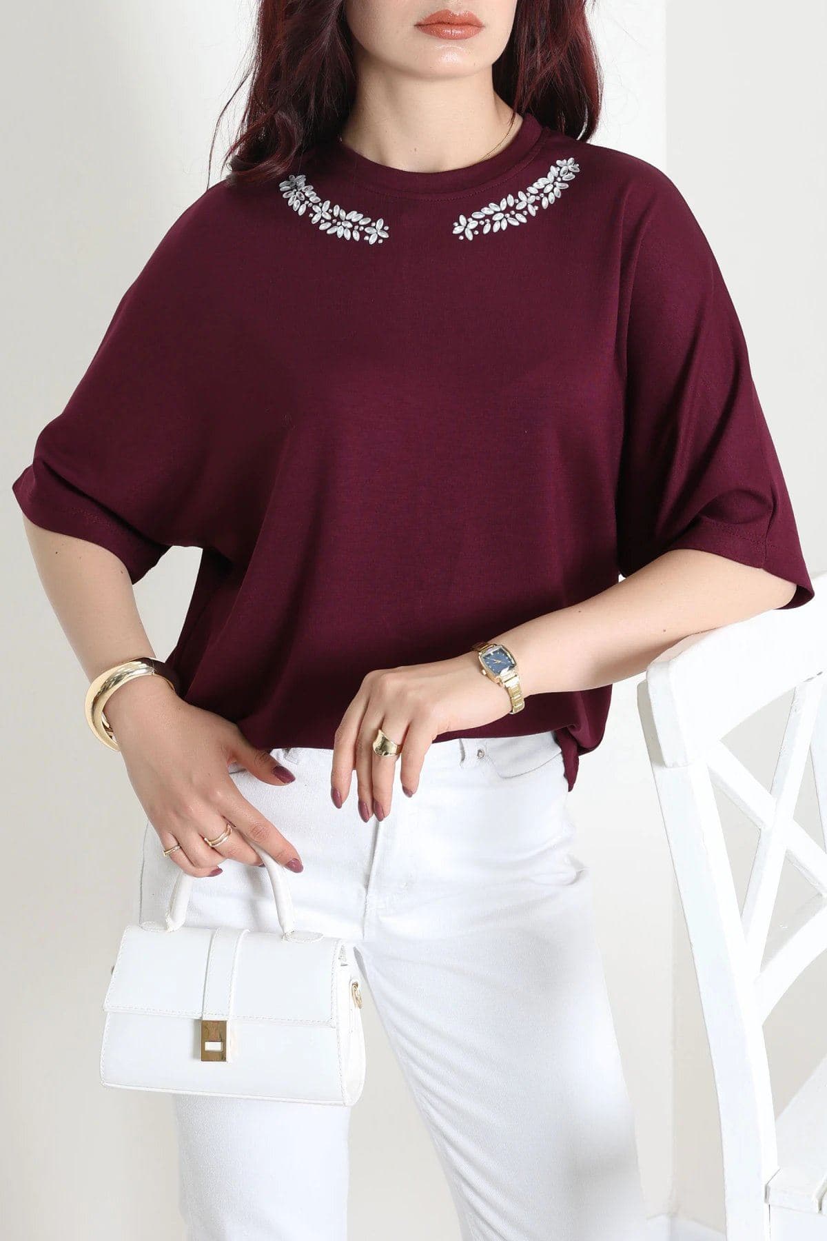 Yakası Taş Detaylı Modal Bluz Mürdüm - 10405.2180.