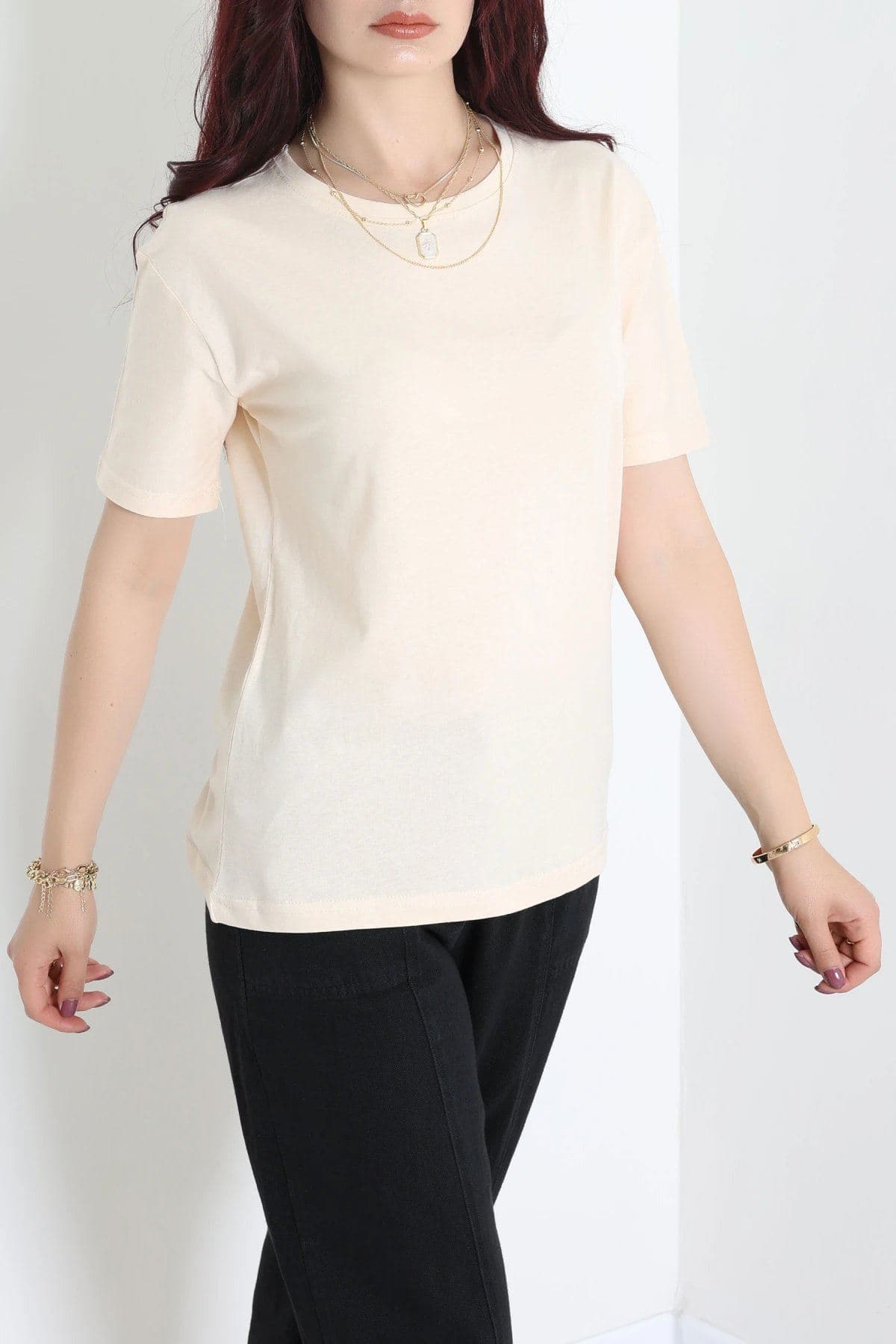 Bisiklet Yaka Lüks Penye Tişört Bej - 80100.1878.