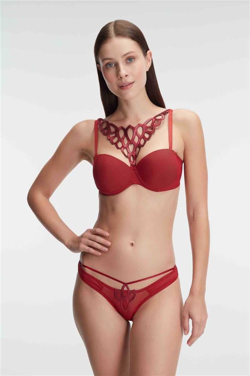 Balenli Destekli Dolgulu Askıları Çıkabilen Aksesuarlı Sütyen String Takım