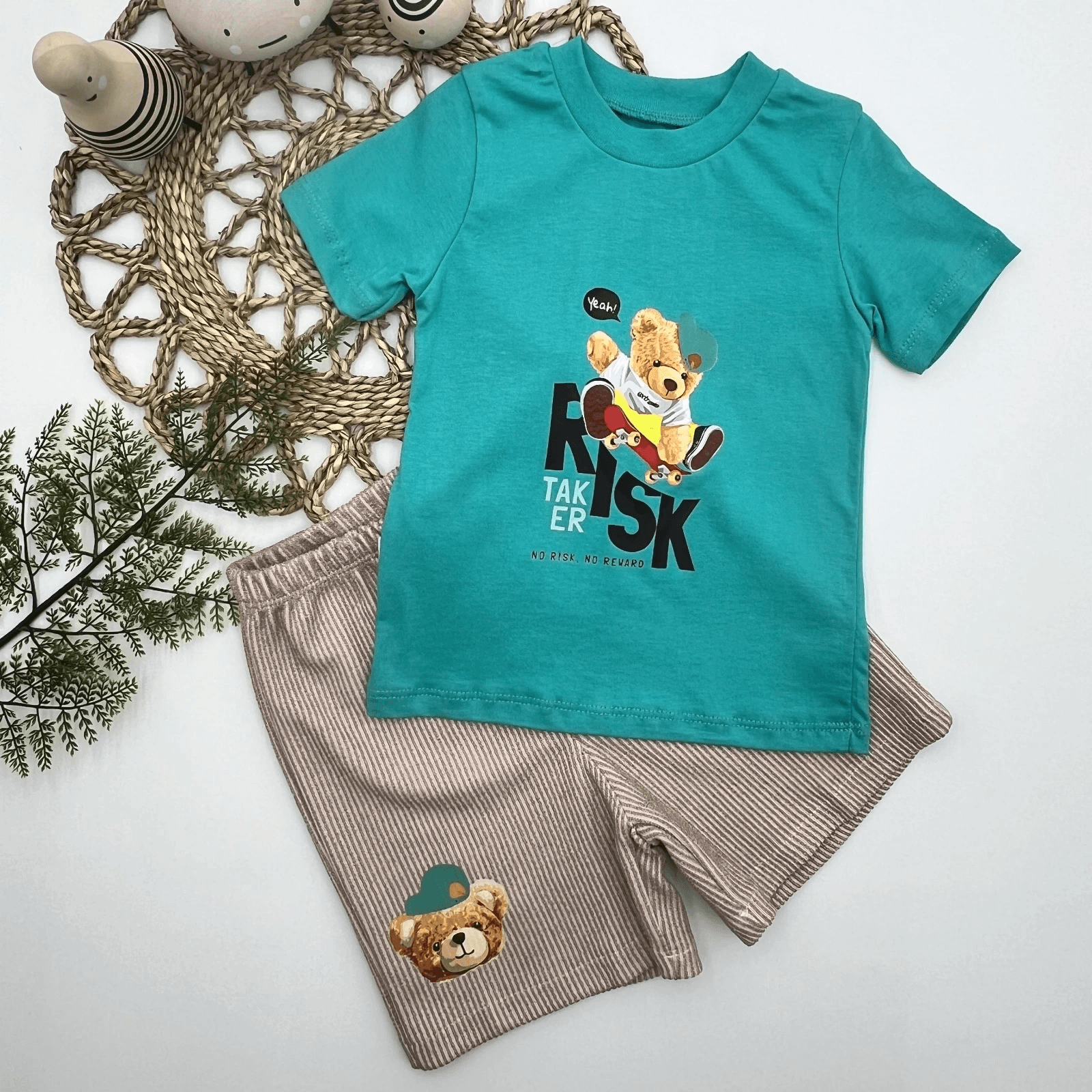 Bebek Kaykaycı Ayı Baskılı Şortlu 2'li Set Takım - Turkuaz Erkek