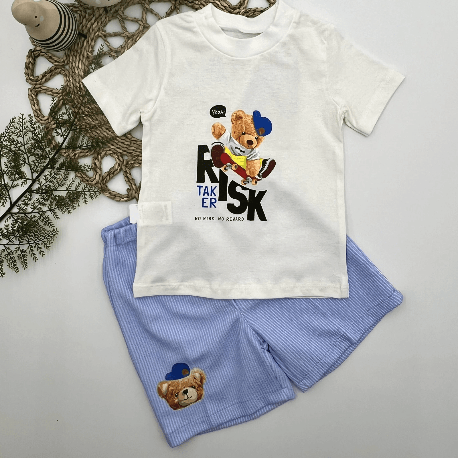 Bebek Erkek Ayı Baskılı Şortlu Tişört Takımı - Ekru Pamuk
