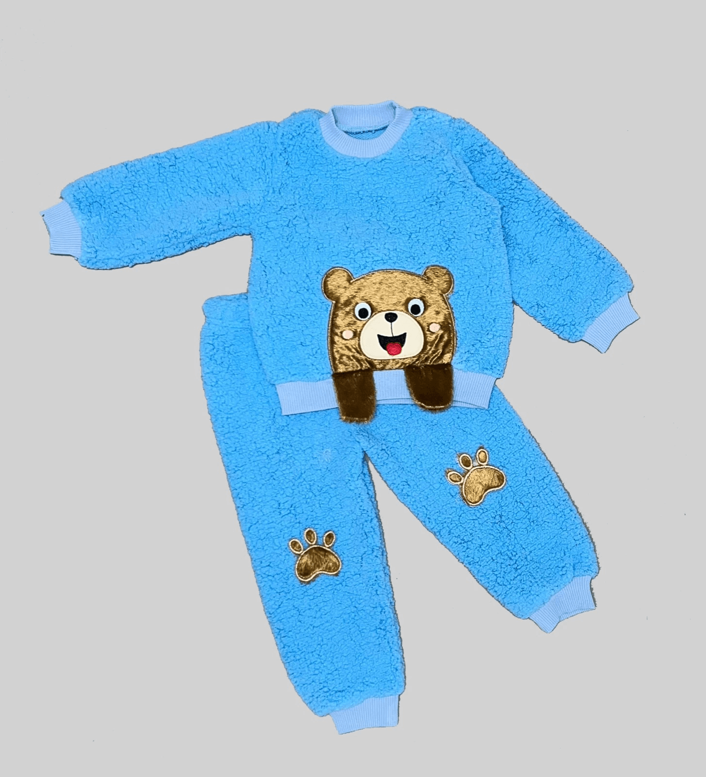 Bebek Kuzu Kumaş Sweat Takımı Patili Pantolon Uzun Kollu Saks Mavi