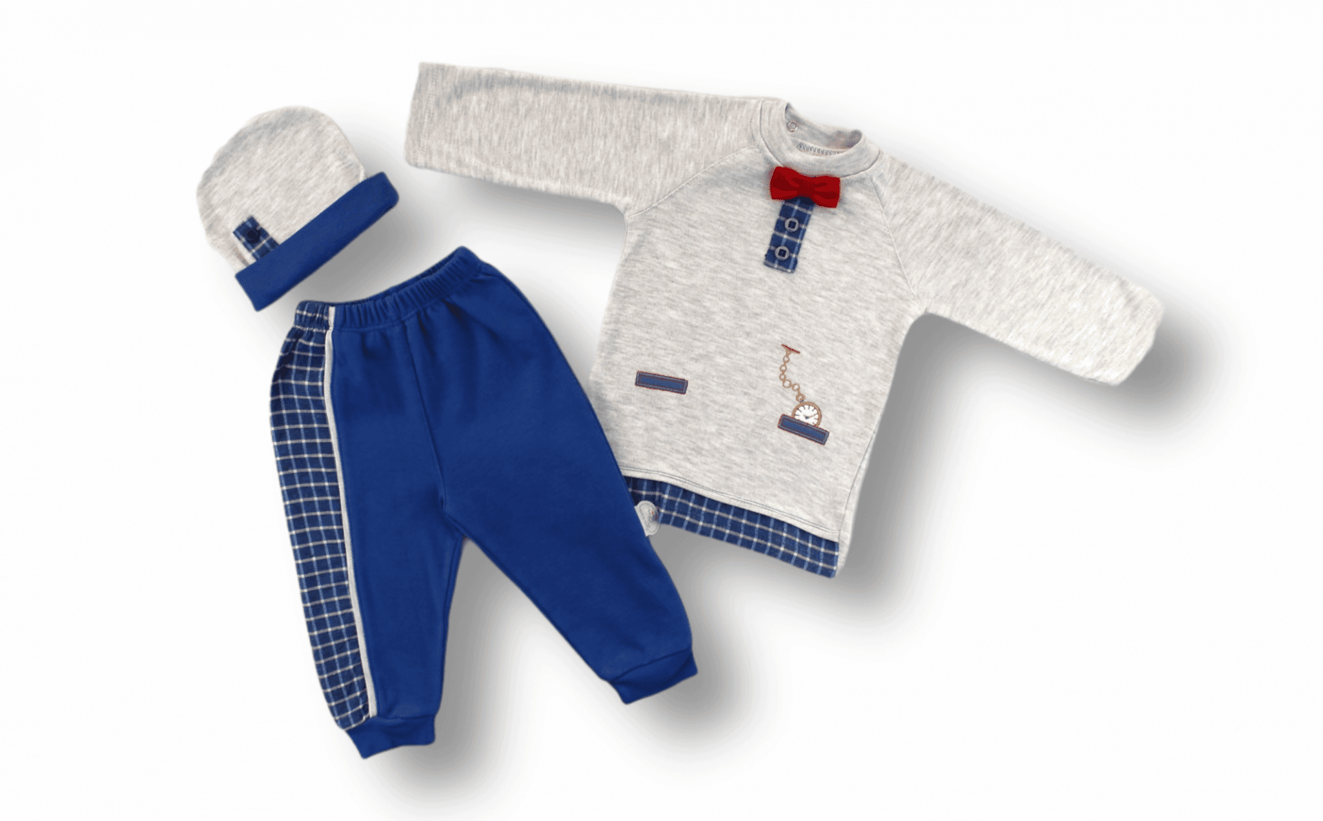 Erkek Bebek Nakışlı Cep Saatli Uzun Kollu Sweat Takım Mavi Gri