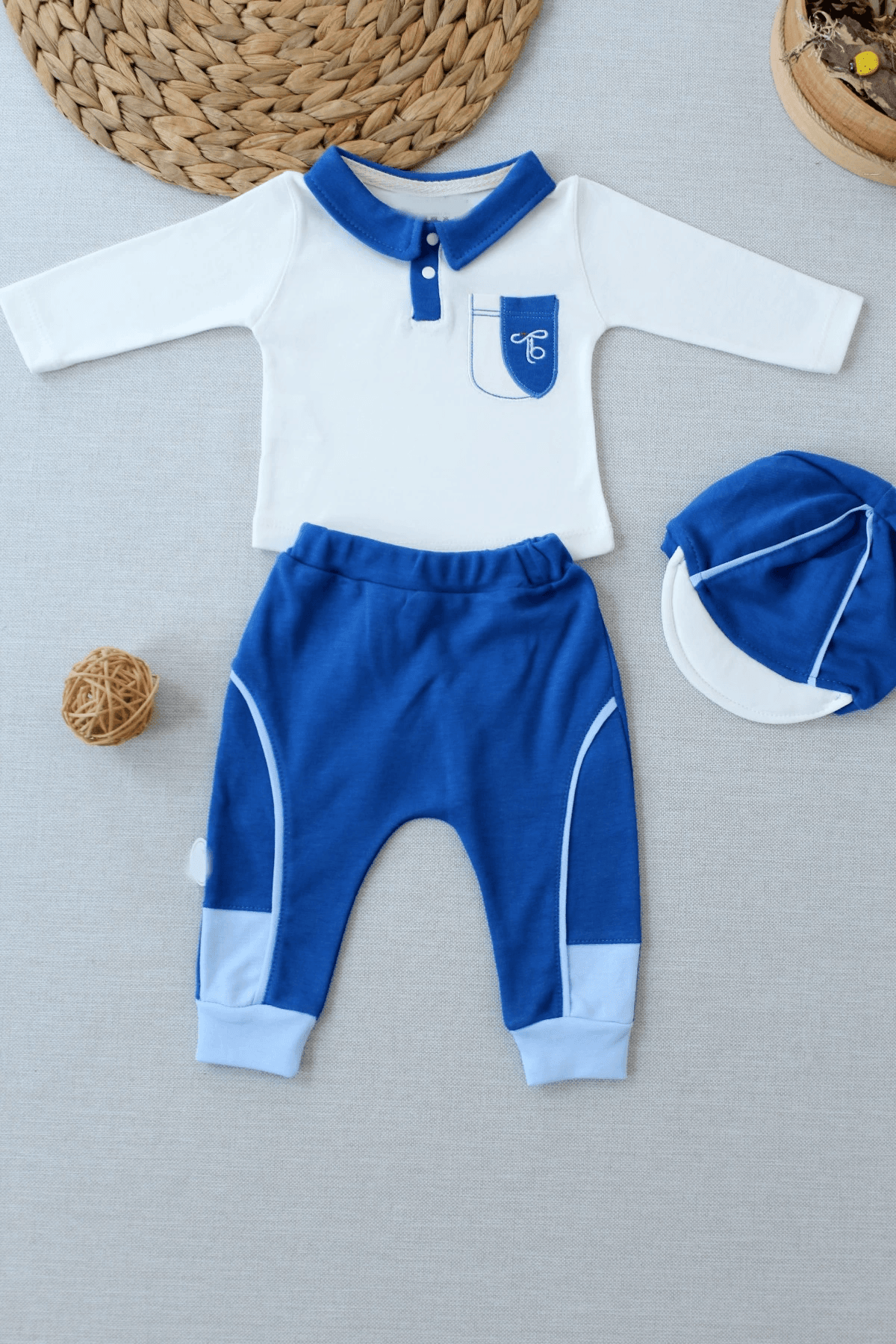 Bebek Erkek Uzun Kollu Polo Yaka Takım Seti Nakışlı İndigo Mavi