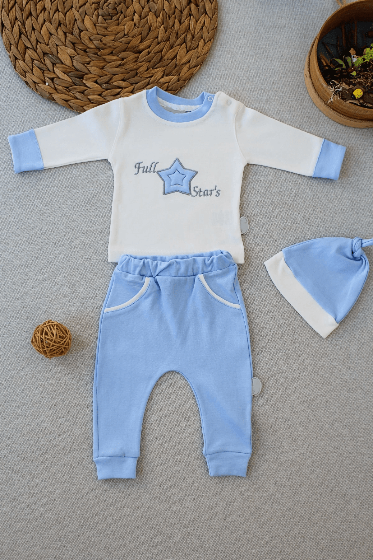 Full Star Nakışlı Mavi Bebek Uzun Kollu 3’lü Takım Seti