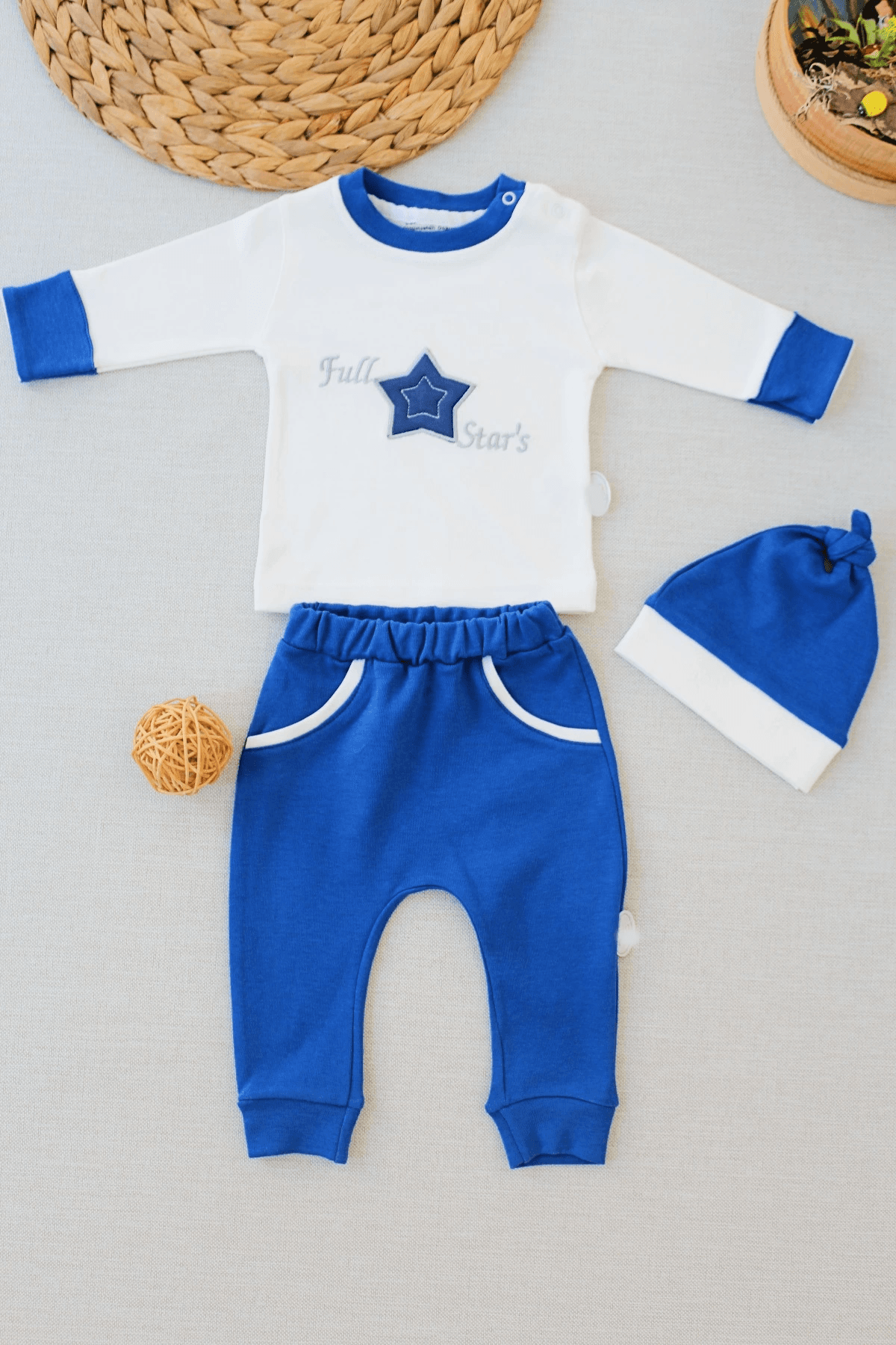 Bebek Erkek Takım Seti Uzun Kollu Star Nakışlı Sweatçiği Pantolonlu - Mavi Beyaz