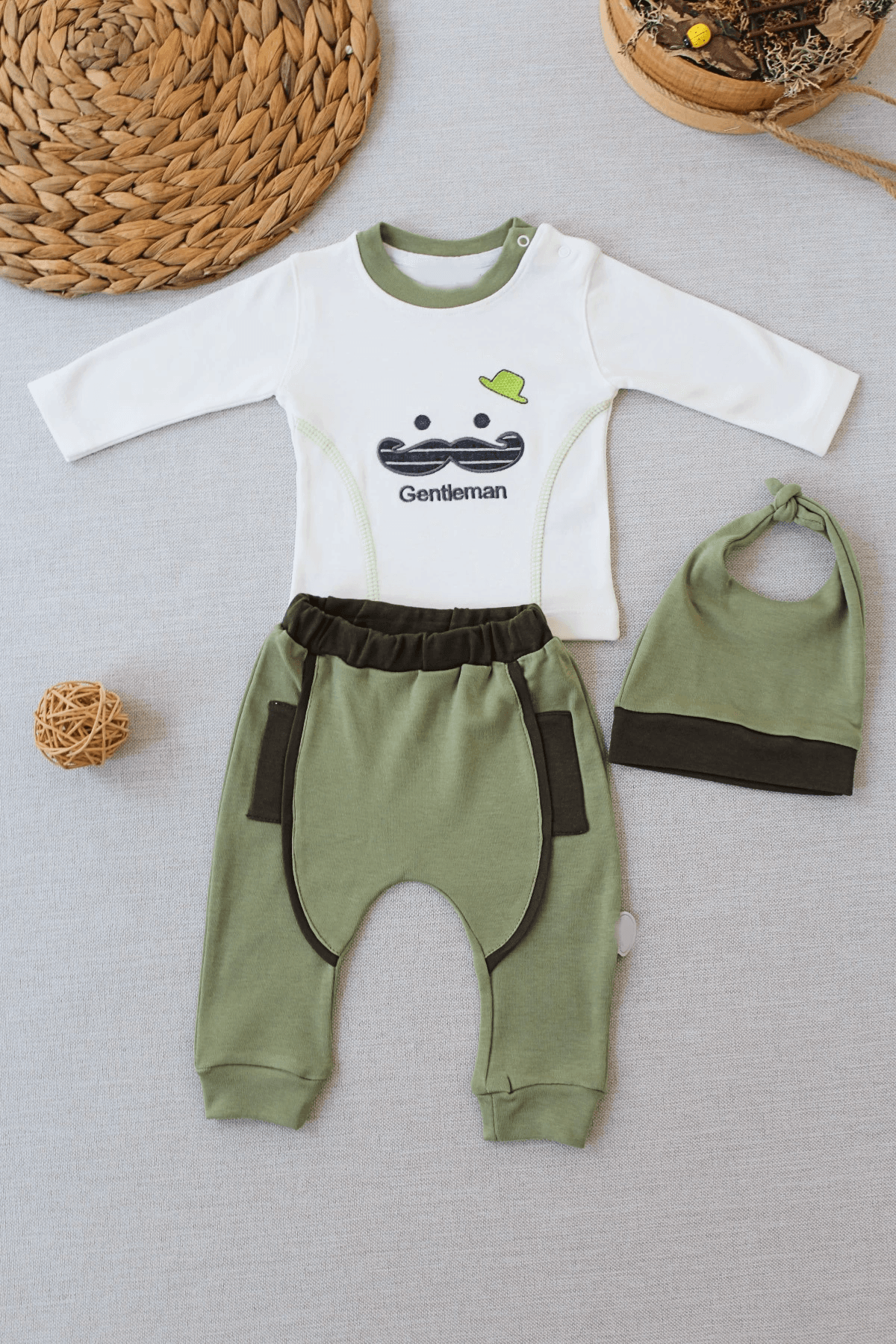 3-12 Ay Erkek Bebek Nakışlı Uzun Kollu Sweat Takım Haki Yeşil