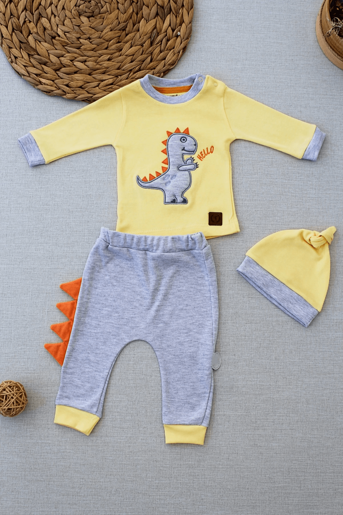 Nakışlı Dinozorlu Uzun Kollu Bebek Sweat Takım Seti - Sarı