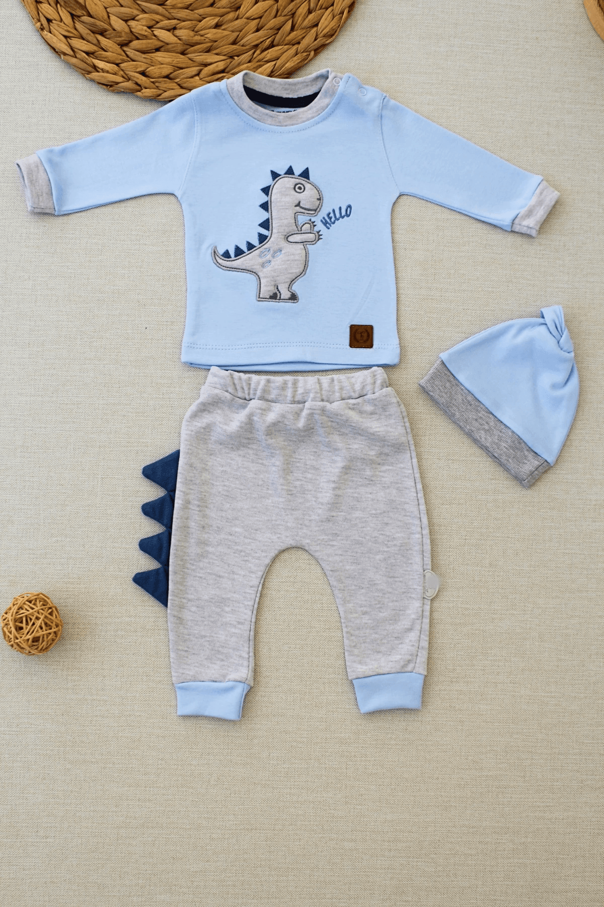 Bebek Minik Dino Nakışlı Uzun Kollu Sweat Takımı Mavi Gri