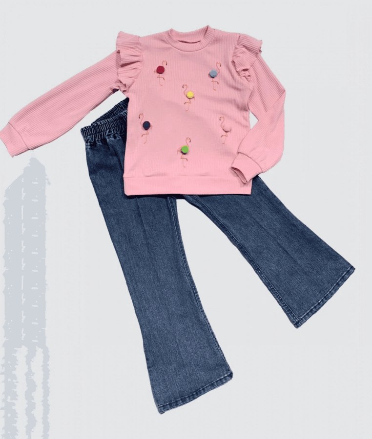 4-5-6 Yaş Kot Pantolonlu Flamingo Desenli Penye Sweat Uzun Kollu 2li Kız Çocuk Takımı Pembe