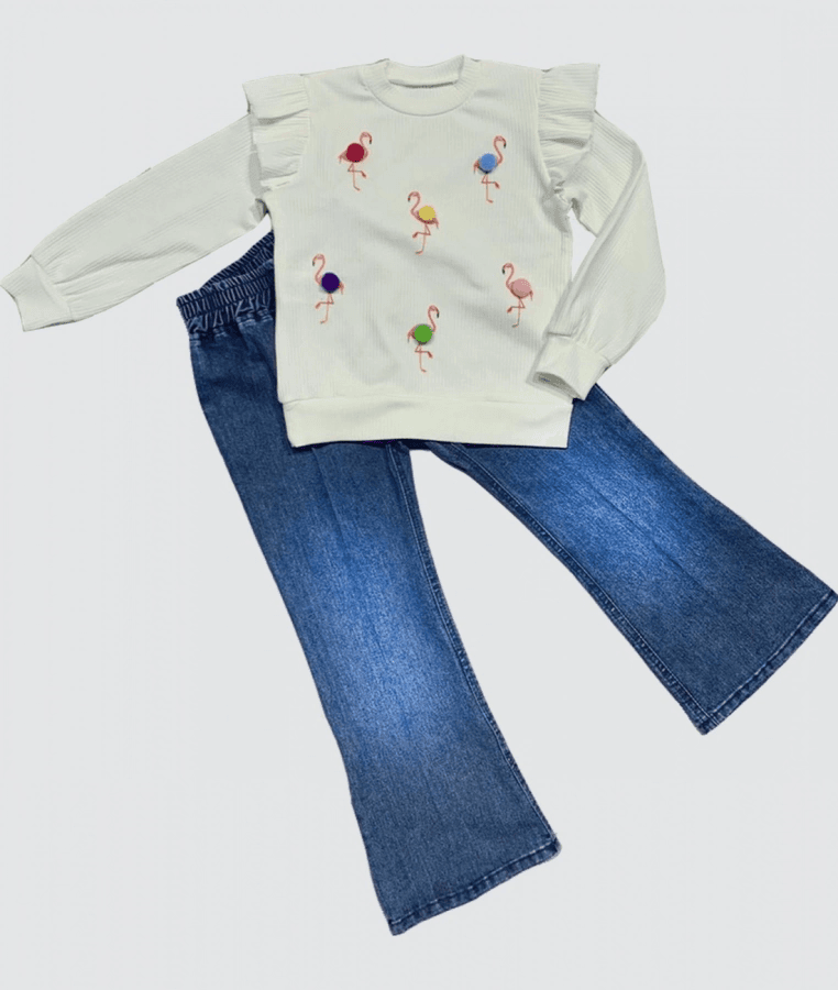 4-5-6 Yaş Kot Pantolonlu Flamingo Desenli Penye Sweat Uzun Kollu 2li Kız Çocuk Takımı Beyaz