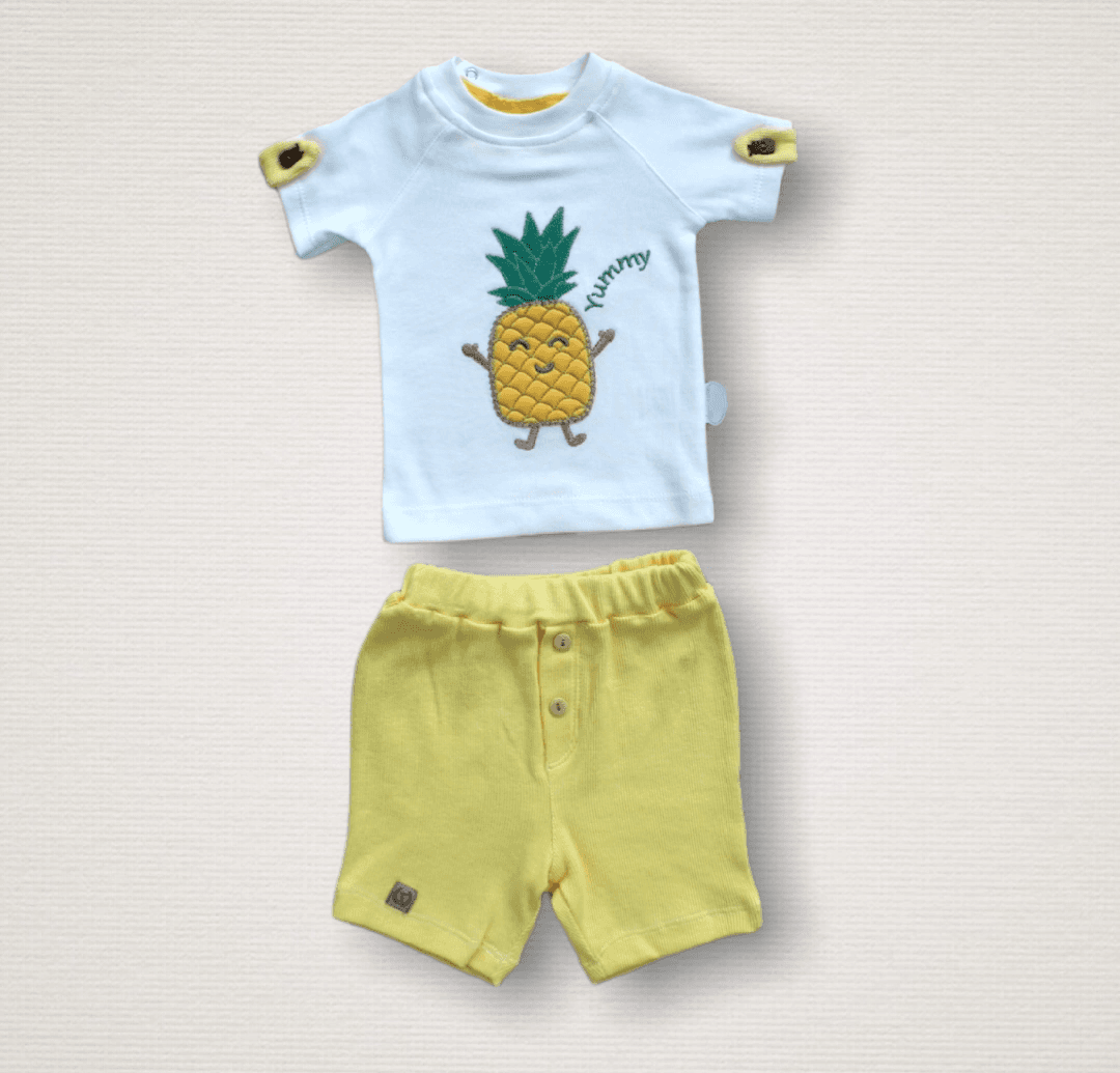 Bebek Ananas Nakışlı Kısa Kollu Sweat Şortlu Takım Seti Sarı