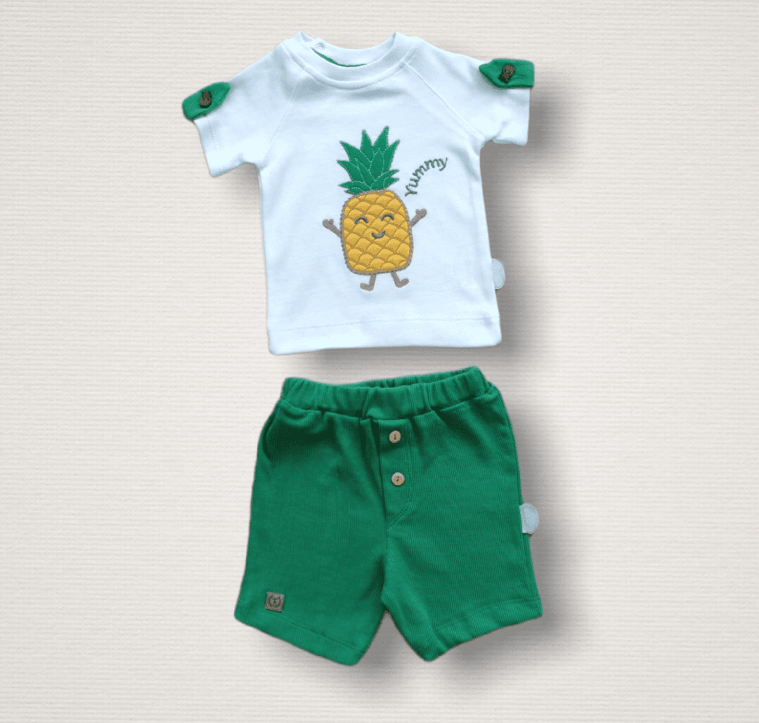 Ananas Nakışlı Sweatşörtlü Şort Takım Seti - Yeşil