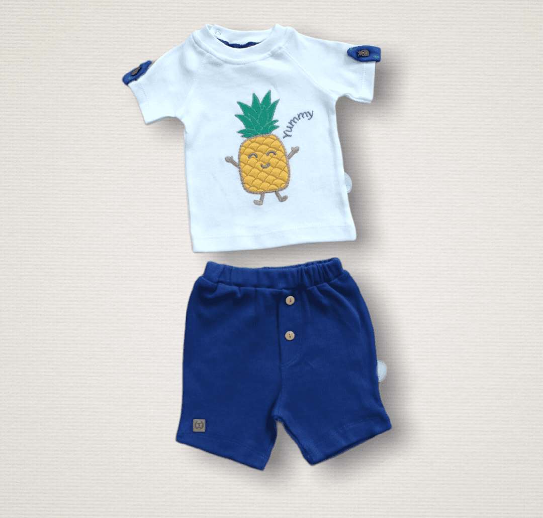 Ananas Nakışlı Kısa Kollu Sweat & Şortlu Bebek Takımı Mavi