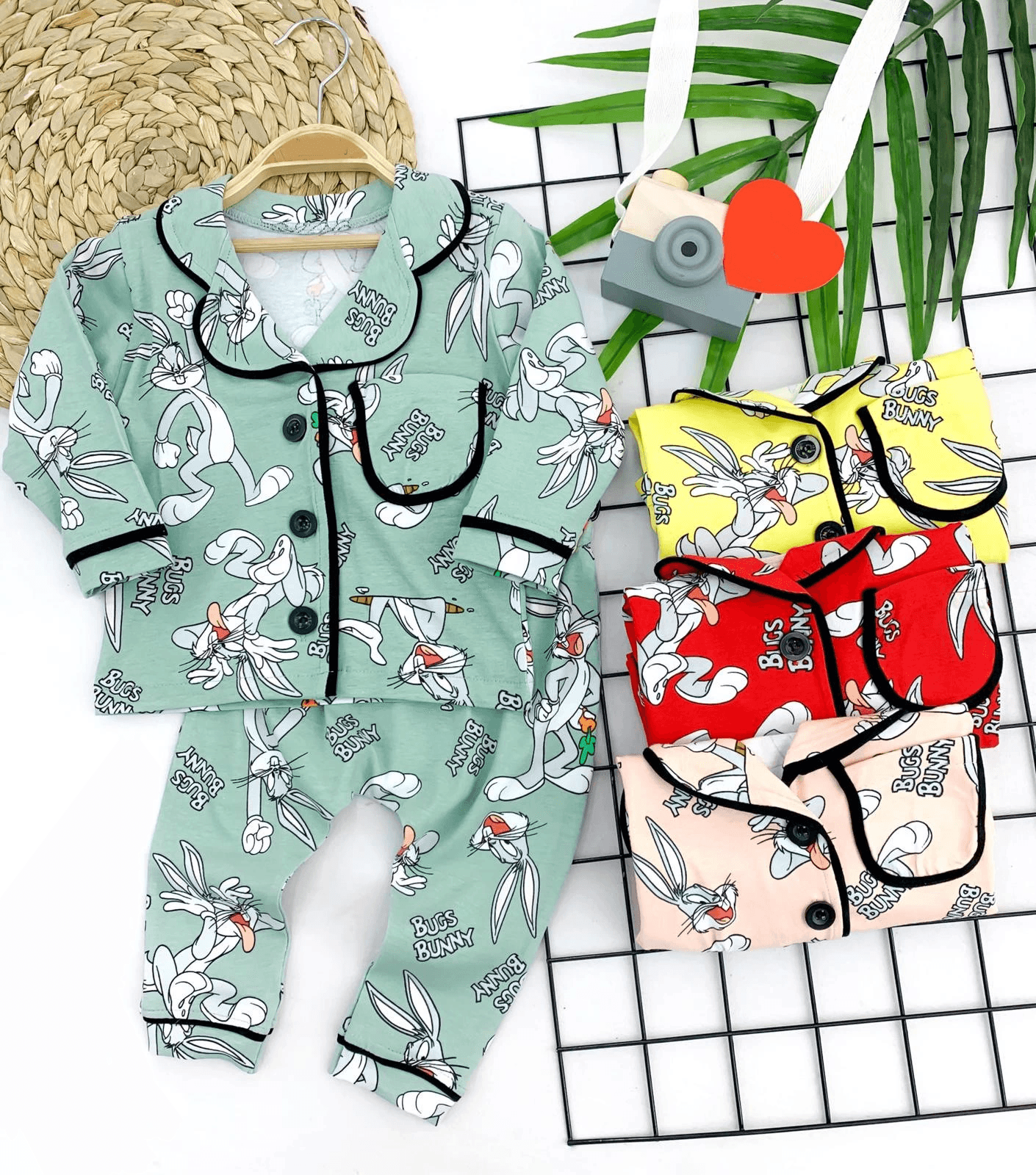 9-12-18-24 Ay Bugs Bunny Baskılı Düğme Kapama 2li Kız Erkek Bebek Pijama Takımı Yeşil