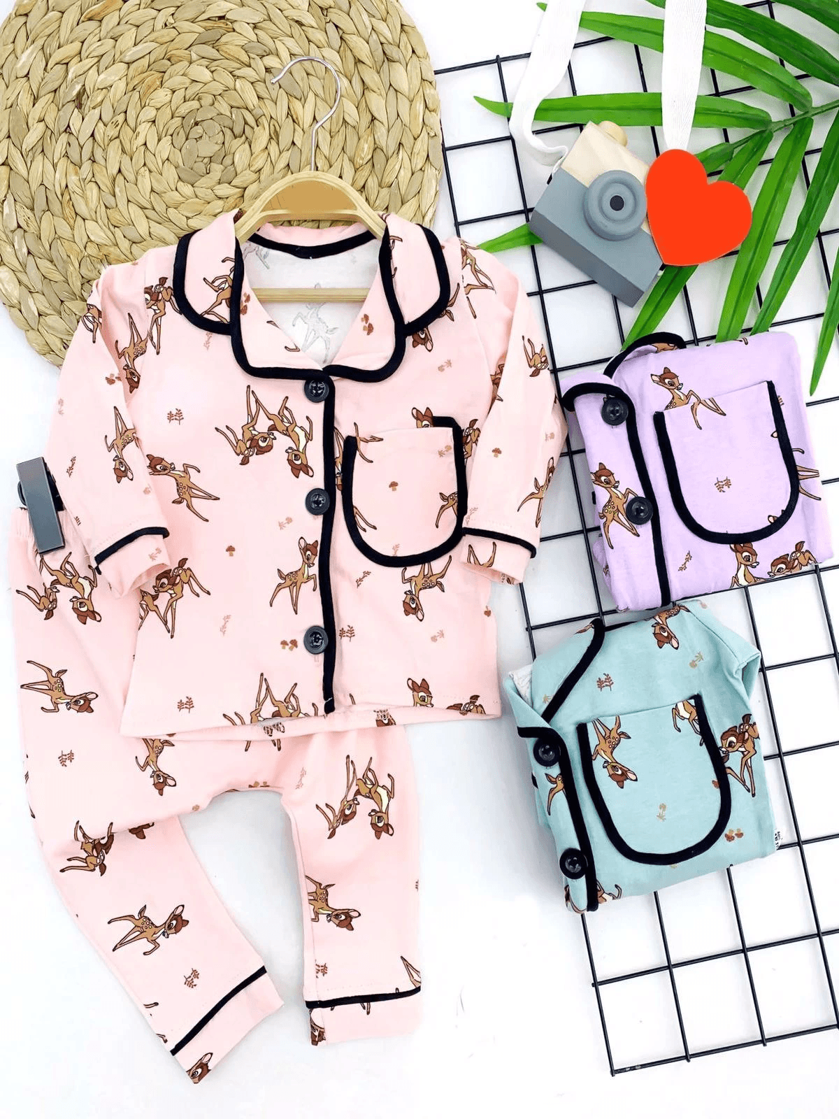 9-12-18-24 Ay Ceylan Baskılı Düğme Kapamalı 2li Kız Erkek Bebek Pijama Takımı Lila