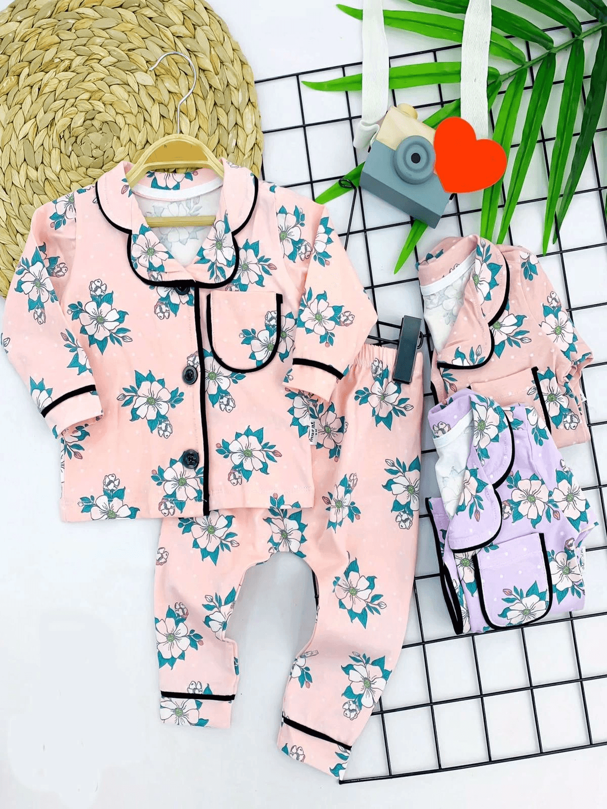 9-12-18-24 Ay Çiçek Baskılı Düğme Kapamalı 2li Kız Erkek Bebek Pijama Takımı Gül Kurusu