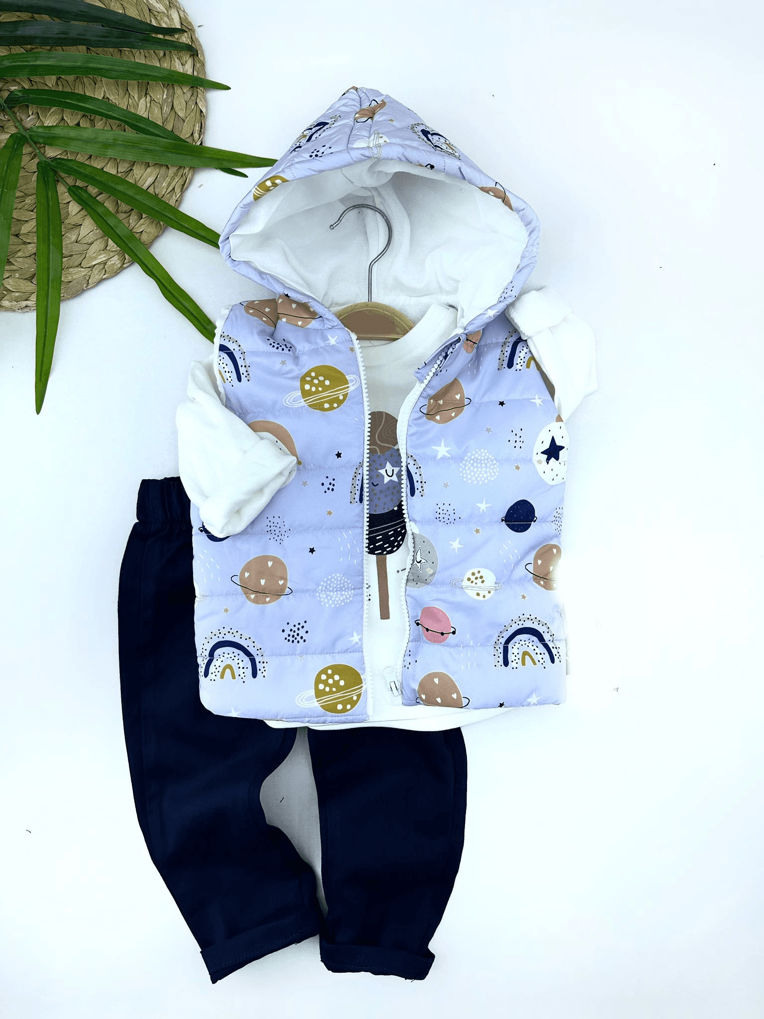 9-12-18-24 Ay Kapşonlu Fermuarlı Galaksi Şişme Yelek Sweat Pantolonlu 3lü Kız Erkek Bebek Takımı Lila