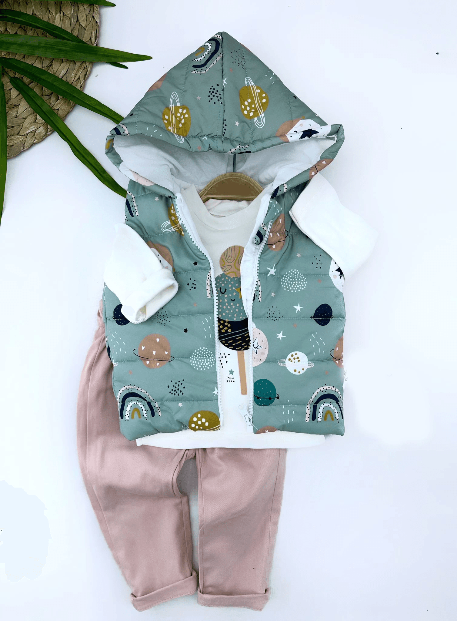 9-12-18-24 Ay Kapşonlu Fermuarlı Galaksi Şişme Yelek Sweat Pantolonlu 3lü Kız Erkek Bebek Takımı Yeşil